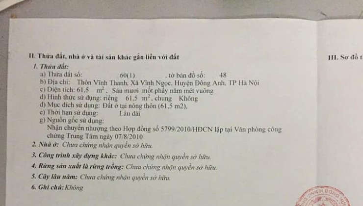 Cần bán 62m2 đất tại rất đẹp và tiềm năng tại Vĩnh Thanh Vĩnh Ngọc Đông Anh